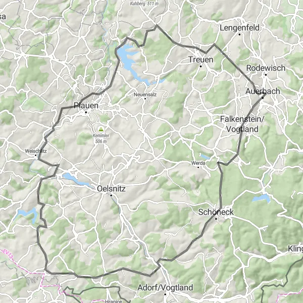 Karten-Miniaturansicht der Radinspiration "Road-Tour durch das Vogtland" in Chemnitz, Germany. Erstellt vom Tarmacs.app-Routenplaner für Radtouren