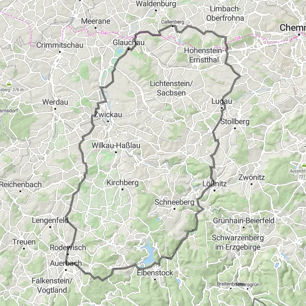 Map miniature of "Rodewisch and Schönheide Scenic Road Ride" cycling inspiration in Chemnitz, Germany. Generated by Tarmacs.app cycling route planner