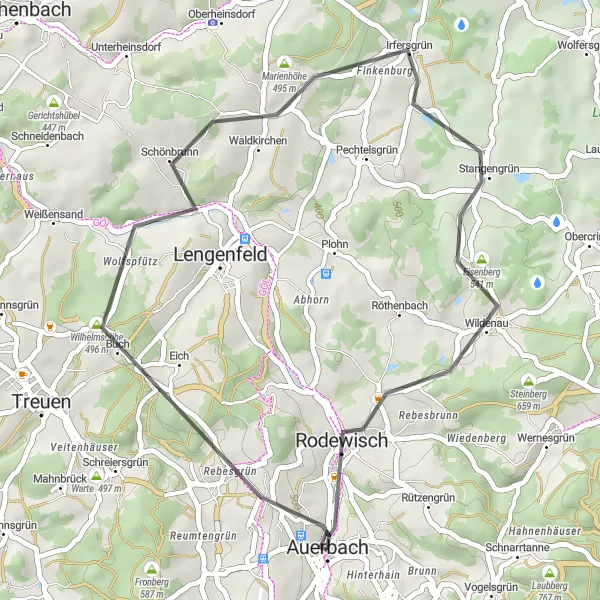 Map miniature of "Auerbach Road Explorer" cycling inspiration in Chemnitz, Germany. Generated by Tarmacs.app cycling route planner