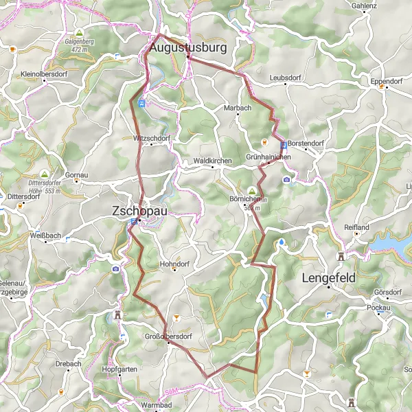 Map miniature of "Off-Road Adventure to Augustusburg" cycling inspiration in Chemnitz, Germany. Generated by Tarmacs.app cycling route planner