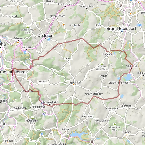 Map miniature of "Augustusburg Loop" cycling inspiration in Chemnitz, Germany. Generated by Tarmacs.app cycling route planner