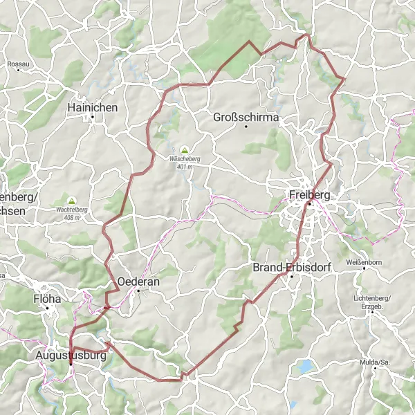 Map miniature of "Augustusburg Gravel Adventure" cycling inspiration in Chemnitz, Germany. Generated by Tarmacs.app cycling route planner