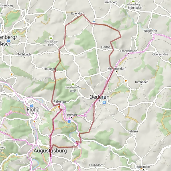 Karten-Miniaturansicht der Radinspiration "Augustusburg - Pfaffstein Schleife" in Chemnitz, Germany. Erstellt vom Tarmacs.app-Routenplaner für Radtouren