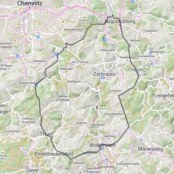 Map miniature of "Augustusburg Hill Challenge" cycling inspiration in Chemnitz, Germany. Generated by Tarmacs.app cycling route planner