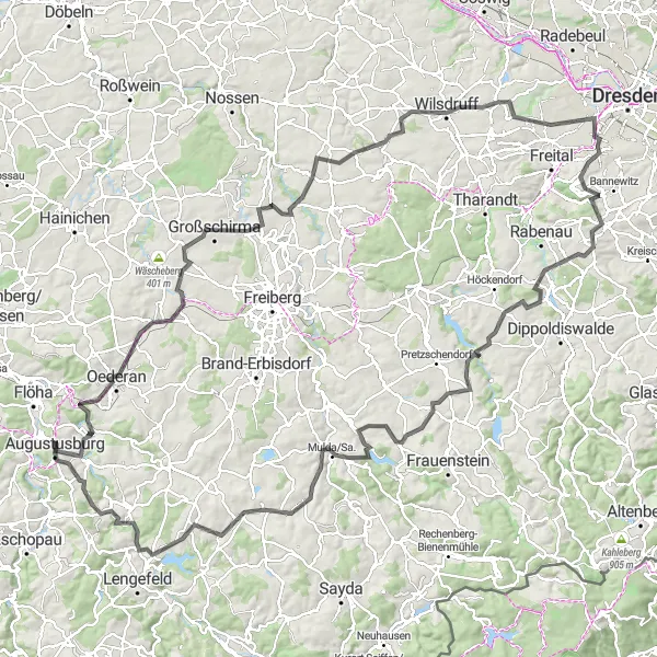 Karten-Miniaturansicht der Radinspiration "Ehrgeizige Roadbike-Tour um Augustusburg" in Chemnitz, Germany. Erstellt vom Tarmacs.app-Routenplaner für Radtouren
