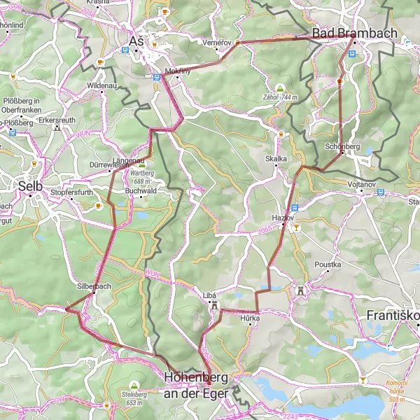 Map miniature of "Around Kapellenberg and Hohenberg an der Eger" cycling inspiration in Chemnitz, Germany. Generated by Tarmacs.app cycling route planner