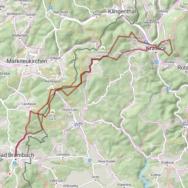 Karten-Miniaturansicht der Radinspiration "Hügeliges Gravel-Abenteuer um Bad Brambach" in Chemnitz, Germany. Erstellt vom Tarmacs.app-Routenplaner für Radtouren