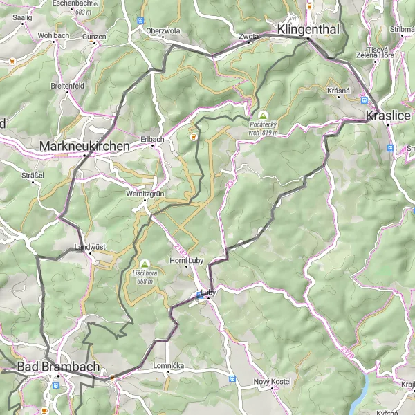 Map miniature of "Road Cycling Adventure to Markneukirchen and Klingenthal" cycling inspiration in Chemnitz, Germany. Generated by Tarmacs.app cycling route planner
