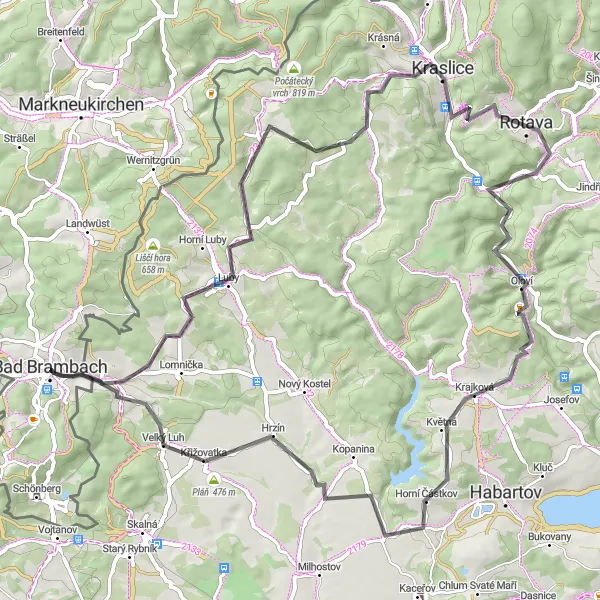 Karten-Miniaturansicht der Radinspiration "Erkundungstour durch die Umgebung von Bad Brambach" in Chemnitz, Germany. Erstellt vom Tarmacs.app-Routenplaner für Radtouren