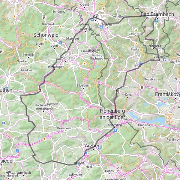 Map miniature of "Challenging Ride around Kapellenberg and Hohenberg an der Eger" cycling inspiration in Chemnitz, Germany. Generated by Tarmacs.app cycling route planner