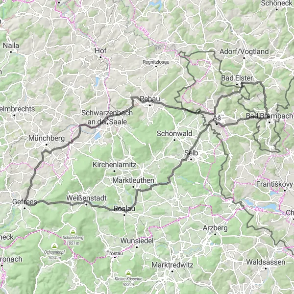 Map miniature of "The Three Countries Ride" cycling inspiration in Chemnitz, Germany. Generated by Tarmacs.app cycling route planner