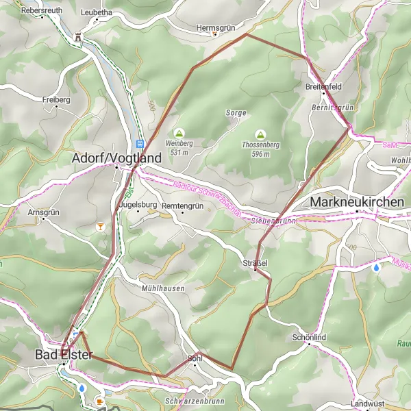 Map miniature of "Adventurous Ride through Adorf/Vogtland" cycling inspiration in Chemnitz, Germany. Generated by Tarmacs.app cycling route planner