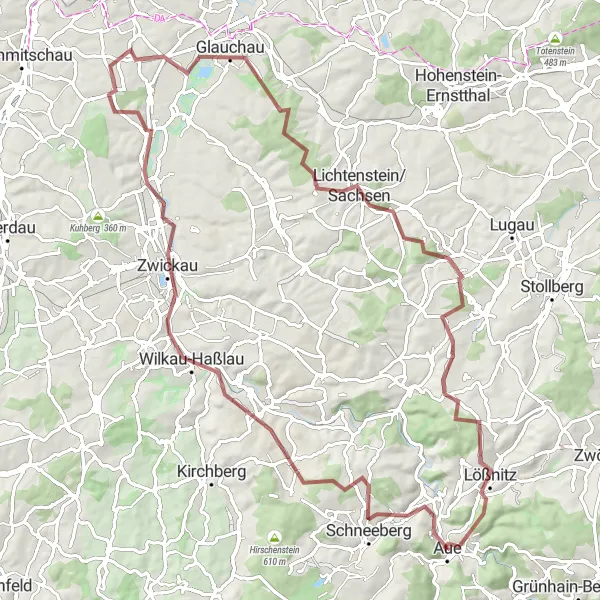 Map miniature of "Hilltop Meander" cycling inspiration in Chemnitz, Germany. Generated by Tarmacs.app cycling route planner