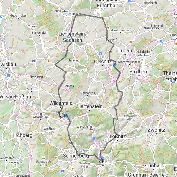 Map miniature of "Schneeberg to Aue Road Cycling Route" cycling inspiration in Chemnitz, Germany. Generated by Tarmacs.app cycling route planner