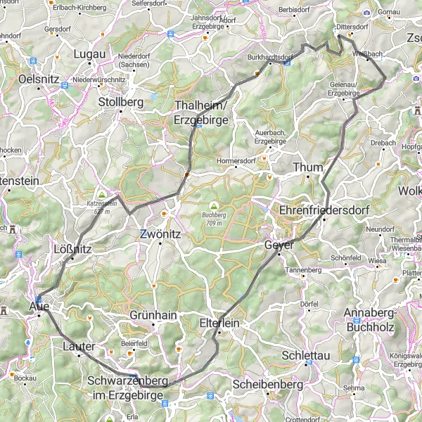 Karten-Miniaturansicht der Radinspiration "Romantische Dorffahrt" in Chemnitz, Germany. Erstellt vom Tarmacs.app-Routenplaner für Radtouren