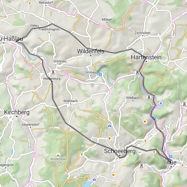Karten-Miniaturansicht der Radinspiration "Bergige Schätze rund um Bad Schlema" in Chemnitz, Germany. Erstellt vom Tarmacs.app-Routenplaner für Radtouren