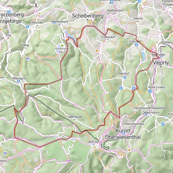 Map miniature of "Epic Gravel Journey from Vejprty" cycling inspiration in Chemnitz, Germany. Generated by Tarmacs.app cycling route planner