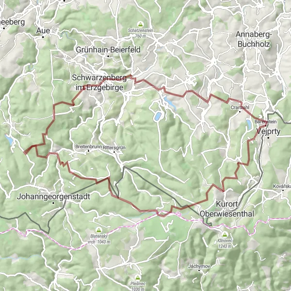 Karten-Miniaturansicht der Radinspiration "Erzgebirge Hügelrunde" in Chemnitz, Germany. Erstellt vom Tarmacs.app-Routenplaner für Radtouren