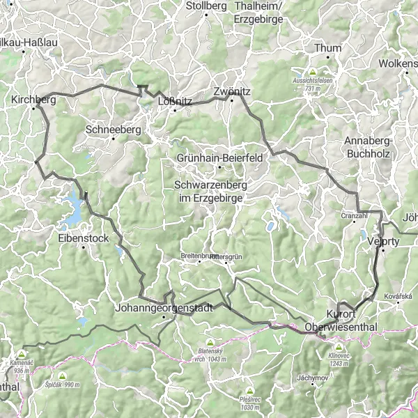 Map miniature of "The Ore Mountain Challenge" cycling inspiration in Chemnitz, Germany. Generated by Tarmacs.app cycling route planner