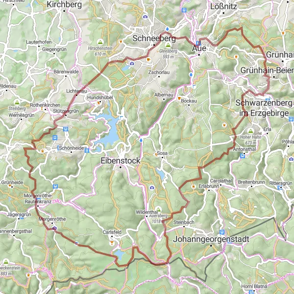 Map miniature of "Enchanting Gravel Pathways in the Erzgebirge" cycling inspiration in Chemnitz, Germany. Generated by Tarmacs.app cycling route planner