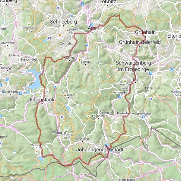 Map miniature of "Gravel Exploration: Beierfeld and Beyond" cycling inspiration in Chemnitz, Germany. Generated by Tarmacs.app cycling route planner