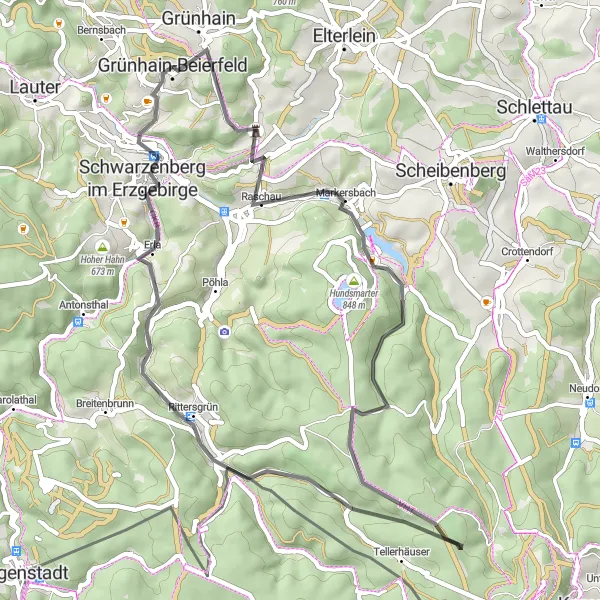 Map miniature of "Grünhain-Beierfeld Loop" cycling inspiration in Chemnitz, Germany. Generated by Tarmacs.app cycling route planner