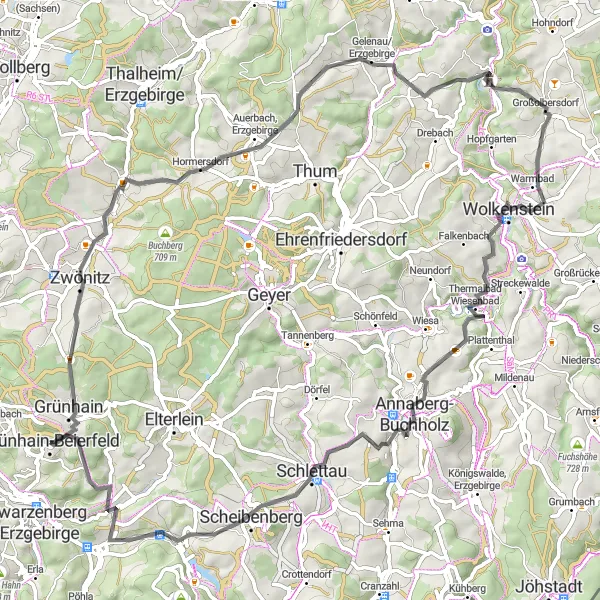 Karten-Miniaturansicht der Radinspiration "Bergauffahrt durch Dorfchemnitz und Annaberg-Buchholz" in Chemnitz, Germany. Erstellt vom Tarmacs.app-Routenplaner für Radtouren