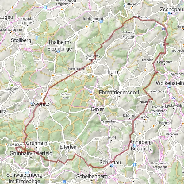 Map miniature of "Mountain Adventure" cycling inspiration in Chemnitz, Germany. Generated by Tarmacs.app cycling route planner