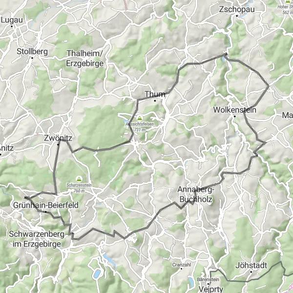 Map miniature of "Mountain Challenge" cycling inspiration in Chemnitz, Germany. Generated by Tarmacs.app cycling route planner