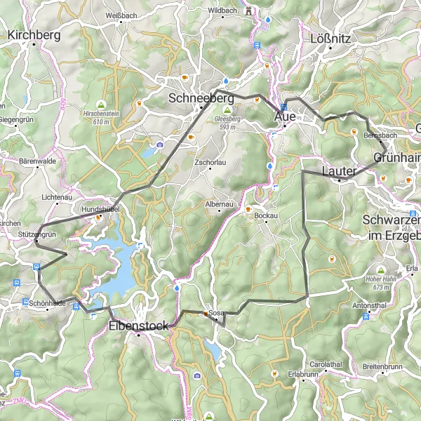 Karten-Miniaturansicht der Radinspiration "Rund um Bernsbach - Bergauf und Bergab" in Chemnitz, Germany. Erstellt vom Tarmacs.app-Routenplaner für Radtouren