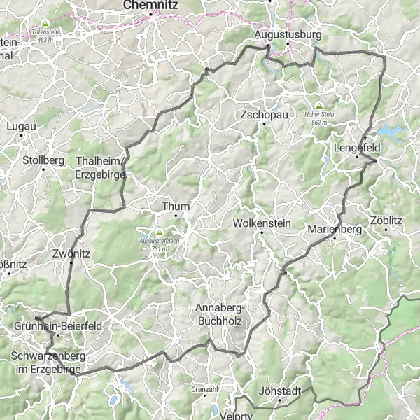 Map miniature of "The Ultimate Road Cycling Challenge" cycling inspiration in Chemnitz, Germany. Generated by Tarmacs.app cycling route planner