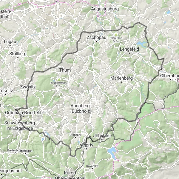Karten-Miniaturansicht der Radinspiration "Herausforderung im Erzgebirge" in Chemnitz, Germany. Erstellt vom Tarmacs.app-Routenplaner für Radtouren