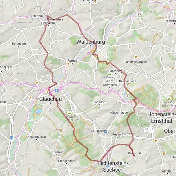 Map miniature of "Bike Ride to Bernsdorf" cycling inspiration in Chemnitz, Germany. Generated by Tarmacs.app cycling route planner