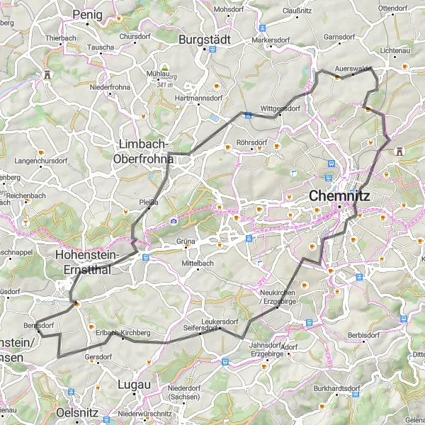 Map miniature of "Hohenstein-Ernstthal and Chemnitz Road Tour" cycling inspiration in Chemnitz, Germany. Generated by Tarmacs.app cycling route planner