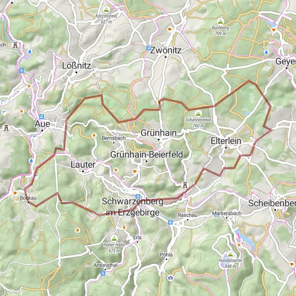 Map miniature of "Bockau Gravel Adventure" cycling inspiration in Chemnitz, Germany. Generated by Tarmacs.app cycling route planner