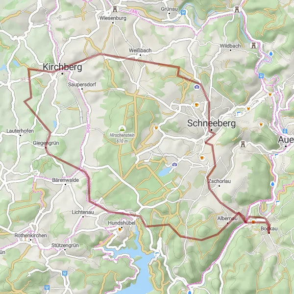 Karten-Miniaturansicht der Radinspiration "Scenic Gravel-Tour in der Nähe von Bockau" in Chemnitz, Germany. Erstellt vom Tarmacs.app-Routenplaner für Radtouren