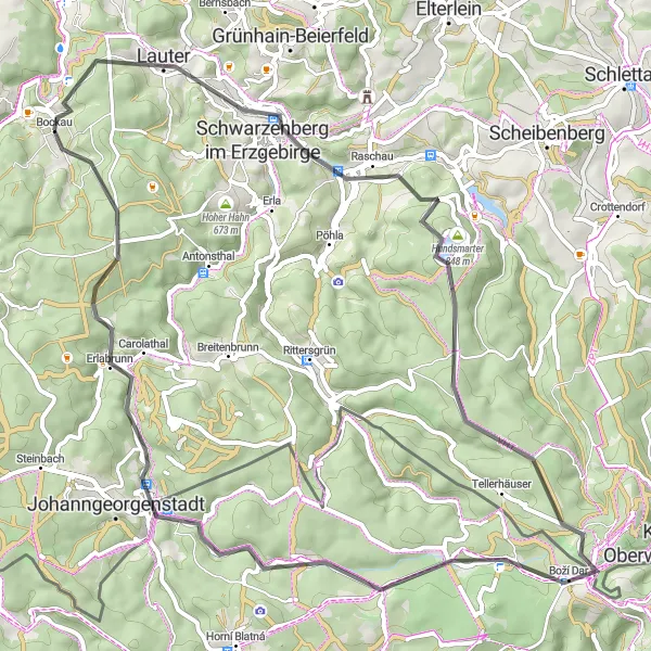 Karten-Miniaturansicht der Radinspiration "Bockau und die umliegende Natur entdecken" in Chemnitz, Germany. Erstellt vom Tarmacs.app-Routenplaner für Radtouren