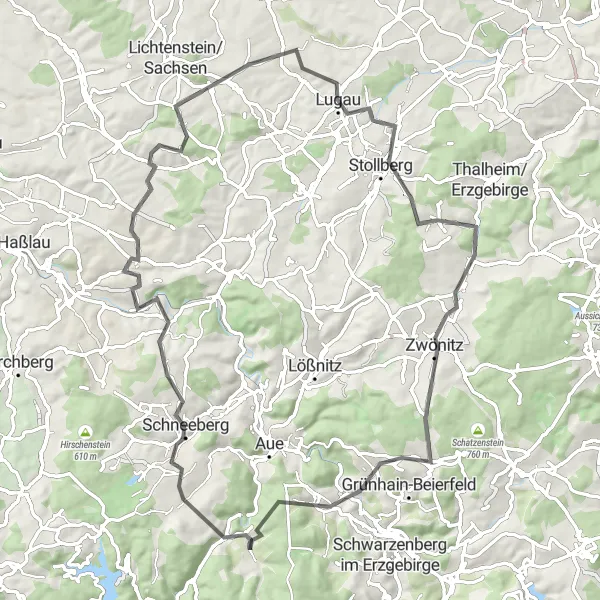 Map miniature of "Mountainous Road Adventure" cycling inspiration in Chemnitz, Germany. Generated by Tarmacs.app cycling route planner