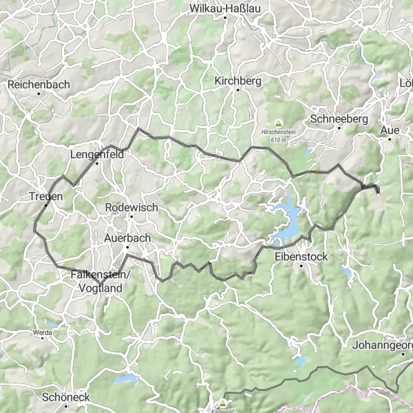 Map miniature of "Highland Hills Road Escape" cycling inspiration in Chemnitz, Germany. Generated by Tarmacs.app cycling route planner
