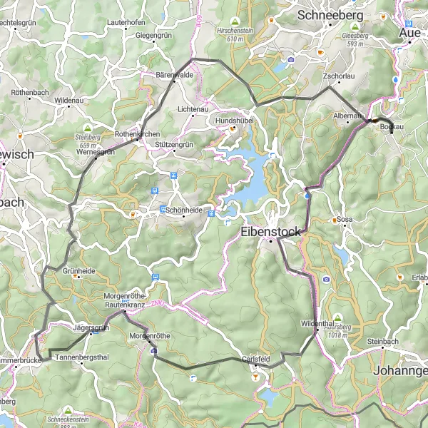 Karten-Miniaturansicht der Radinspiration "Rundfahrt um Bockau über hügeliges Terrain" in Chemnitz, Germany. Erstellt vom Tarmacs.app-Routenplaner für Radtouren