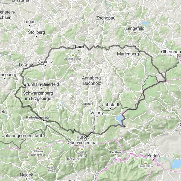 Map miniature of "Mountainous Terrain and Historic Landmarks" cycling inspiration in Chemnitz, Germany. Generated by Tarmacs.app cycling route planner