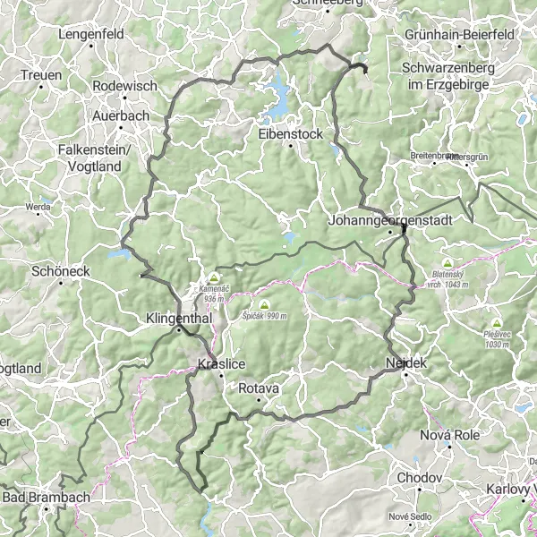 Karten-Miniaturansicht der Radinspiration "Rundtour um den Erzgebirgskamm" in Chemnitz, Germany. Erstellt vom Tarmacs.app-Routenplaner für Radtouren