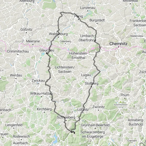 Map miniature of "Scenic Landscapes and Cultural Gems" cycling inspiration in Chemnitz, Germany. Generated by Tarmacs.app cycling route planner