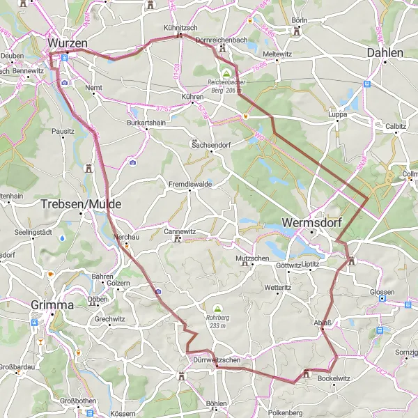 Map miniature of "Off-road Adventure through Scenic Landscapes" cycling inspiration in Chemnitz, Germany. Generated by Tarmacs.app cycling route planner