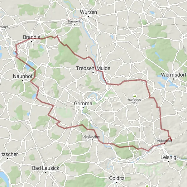 Karten-Miniaturansicht der Radinspiration "Rundtour durch Hirschberg und Trebsen" in Chemnitz, Germany. Erstellt vom Tarmacs.app-Routenplaner für Radtouren