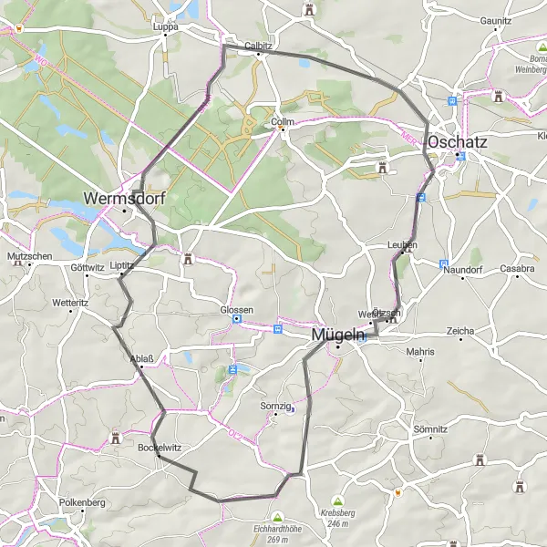 Karten-Miniaturansicht der Radinspiration "Erlebnisreiche Fahrt nach Calbitz und Mügeln" in Chemnitz, Germany. Erstellt vom Tarmacs.app-Routenplaner für Radtouren