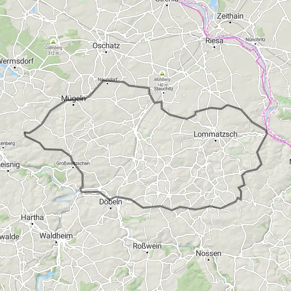 Karten-Miniaturansicht der Radinspiration "Panoramafahrt durch Mügeln und Döbeln" in Chemnitz, Germany. Erstellt vom Tarmacs.app-Routenplaner für Radtouren