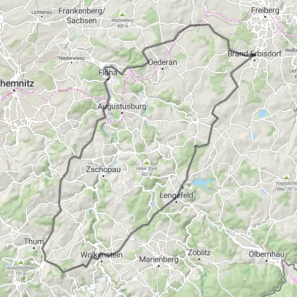 Map miniature of "Challenging Hills of the Erzgebirge" cycling inspiration in Chemnitz, Germany. Generated by Tarmacs.app cycling route planner