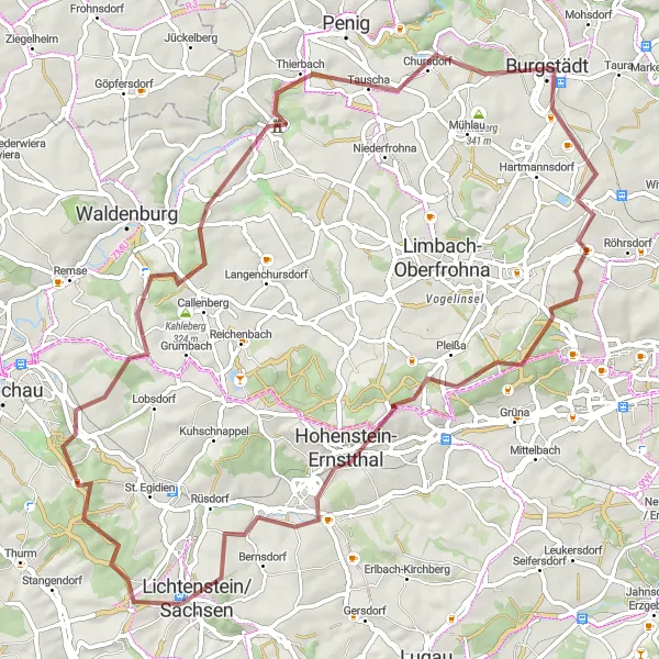 Karten-Miniaturansicht der Radinspiration "Schotterweg zum Chursdorf" in Chemnitz, Germany. Erstellt vom Tarmacs.app-Routenplaner für Radtouren