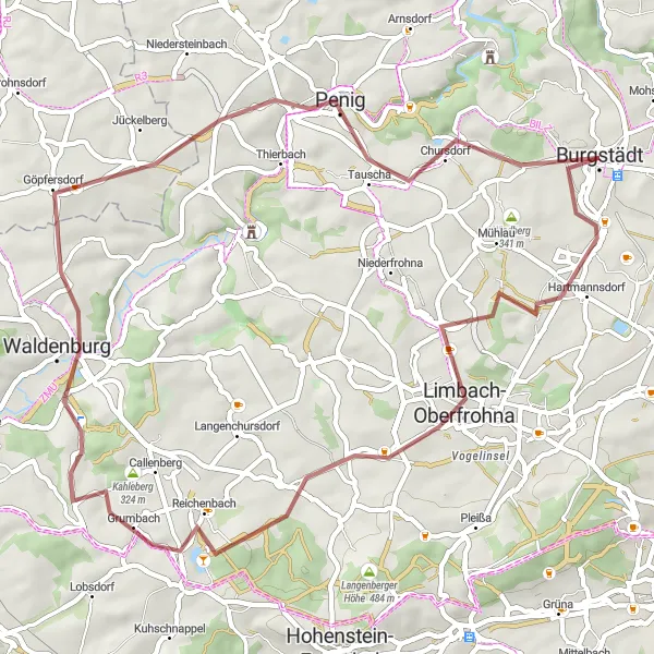 Map miniature of "Gravel Adventure: Burgstädt - Burkersdorf Loop" cycling inspiration in Chemnitz, Germany. Generated by Tarmacs.app cycling route planner